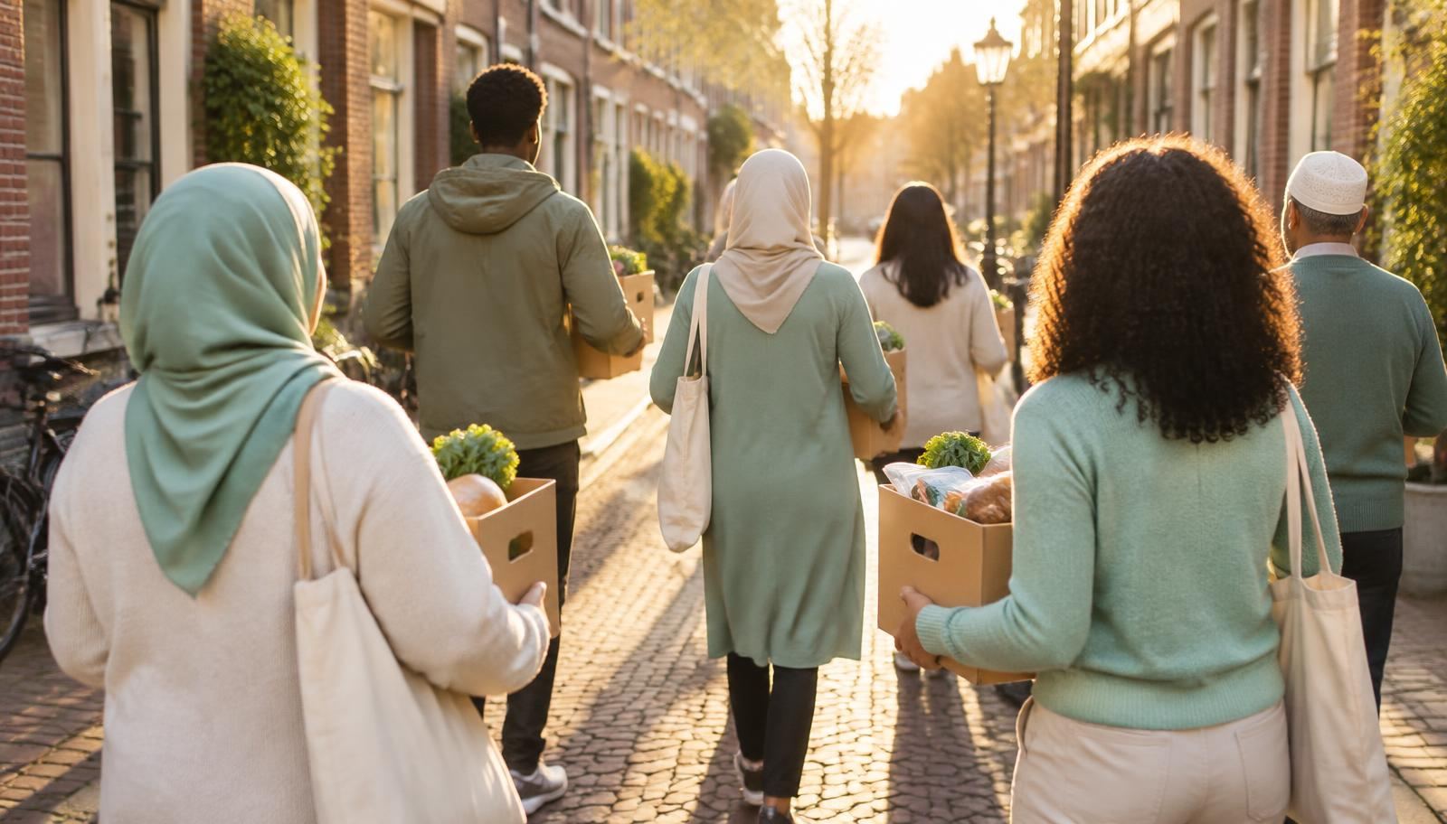 Mensen die samen voedselpakketten door een Nederlandse straat dragen